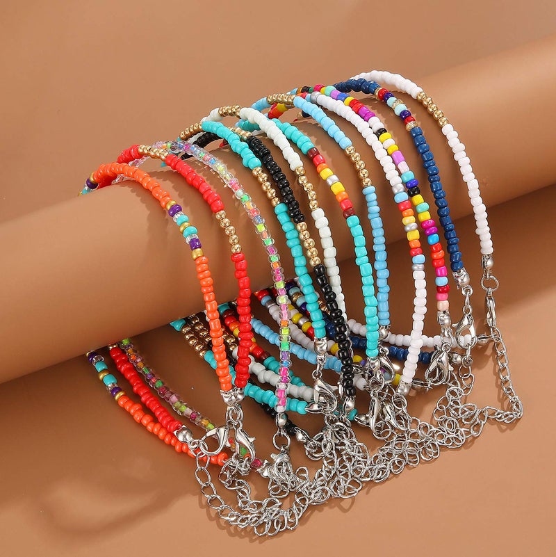 XIJIN 12Pcs Handmade Beaded Anklets for Women Boho Colorful Beads Ankle Bracelets Adjustable Foot Anklet Set - Image 2